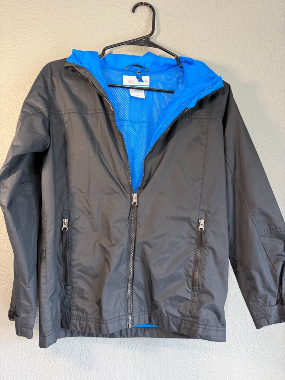 Columbia Kids Gray Rain Jacket with Bright Blue Lining